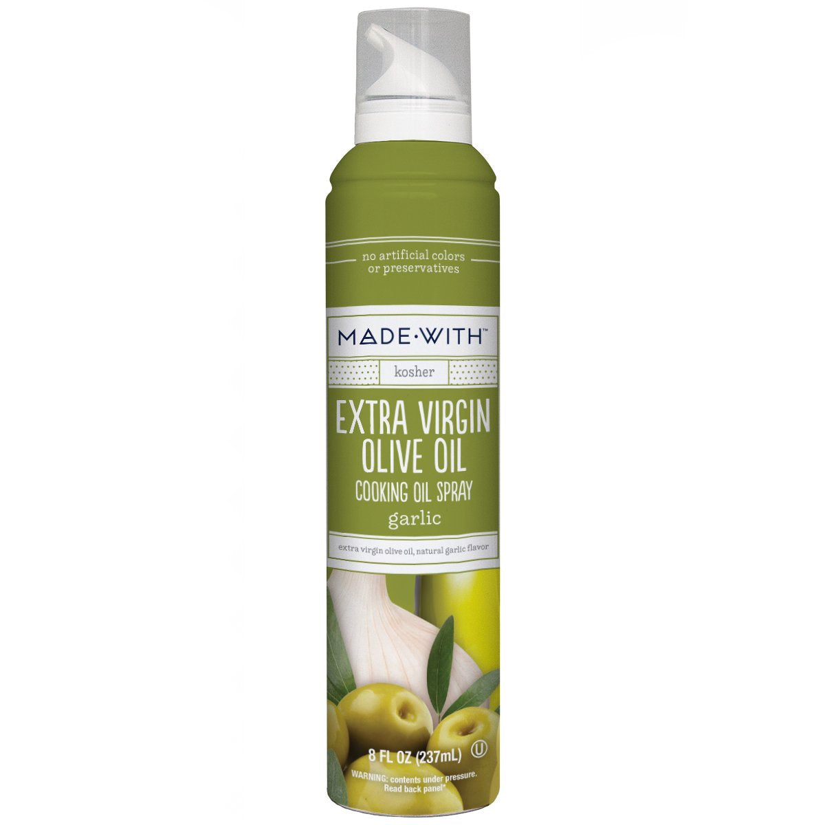 Made-With olive oil spray on white background