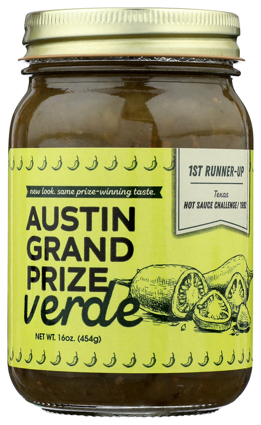 Austin Grand Prize green hot sauce on white background