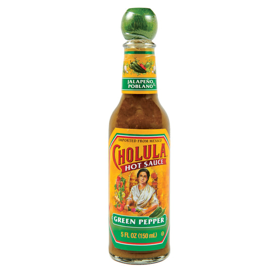 Cholula Green Pepper Hot Sauce bottle on white background