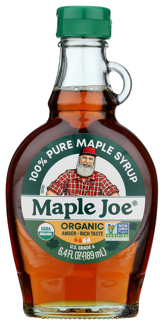 Maple Joe maple syrup bottle on white background