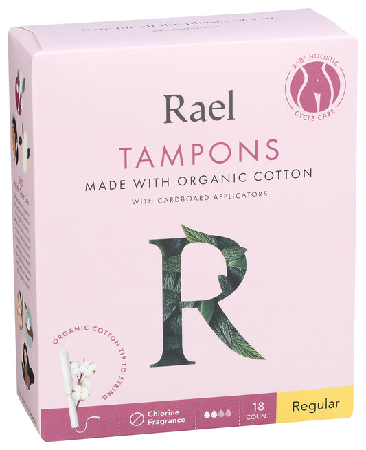 Rael regular organic cotton tampons on white background