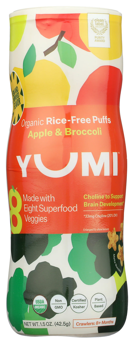 Yumi Organic Apple Broccoli Puffs on white background
