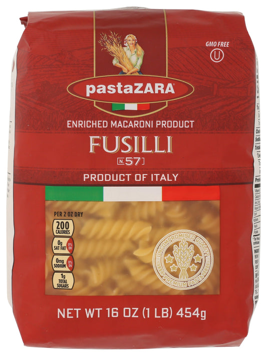 Pasta Zara fusilli pasta on white background