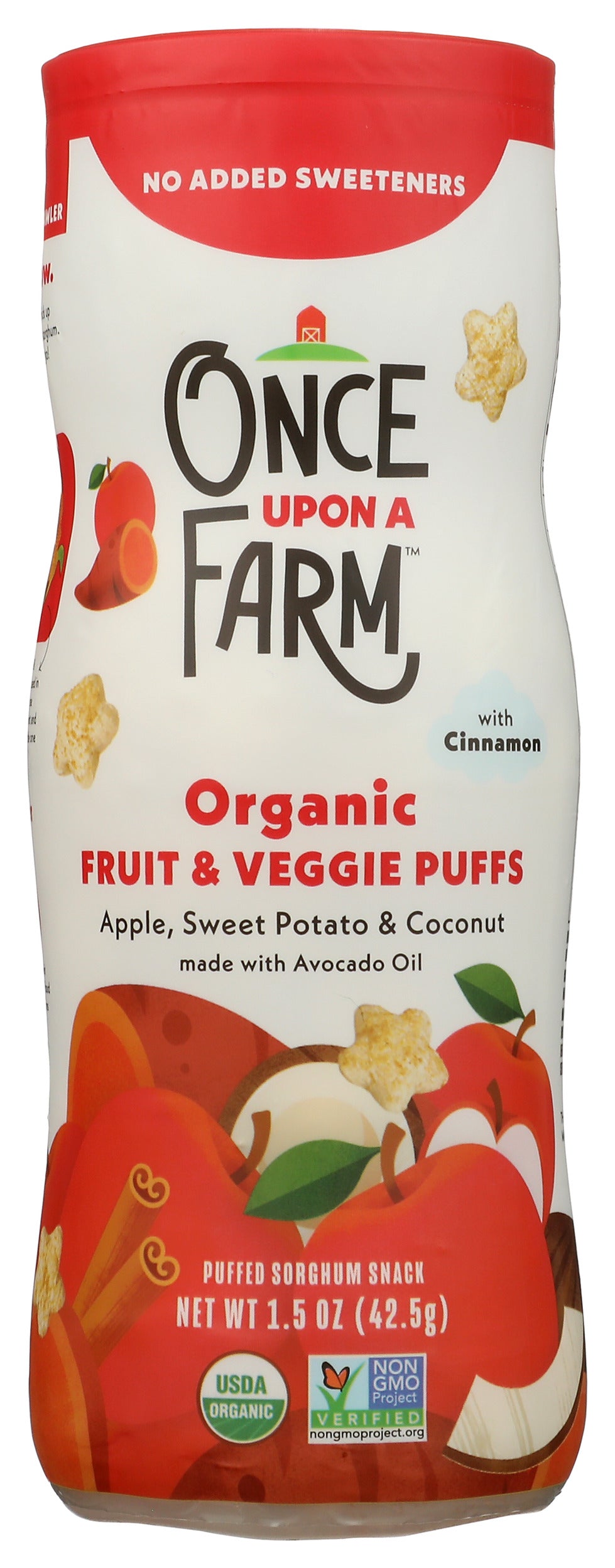 Once Upon A Farm Organic Apple Sweet Potato & Coconut Puffs on white background