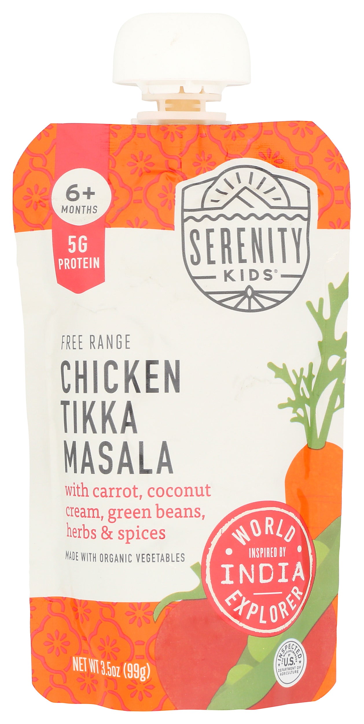 Serenity Kids baby food puree on white background