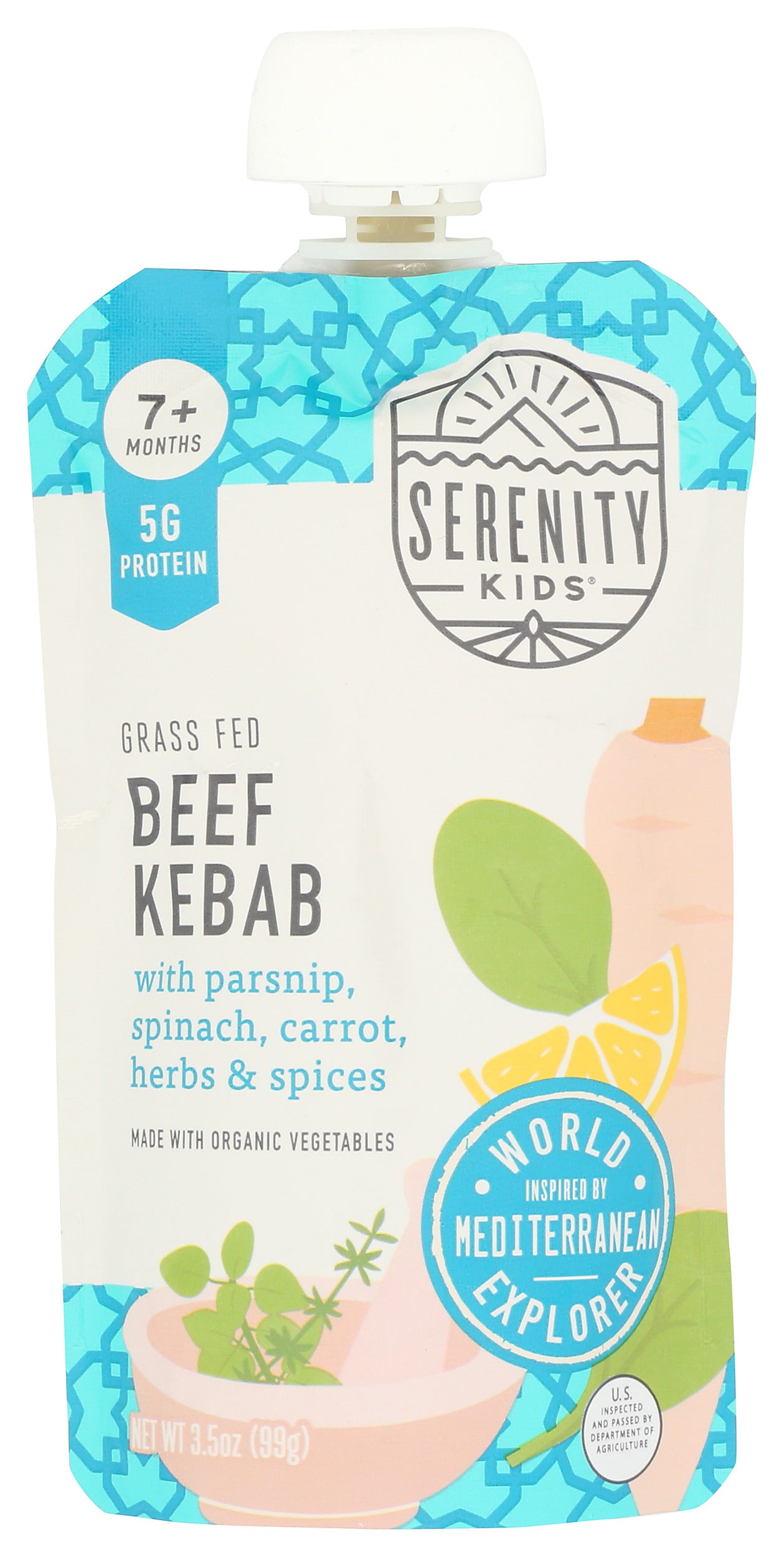 Serenity Kids Beef Kebab baby food pouch on white background