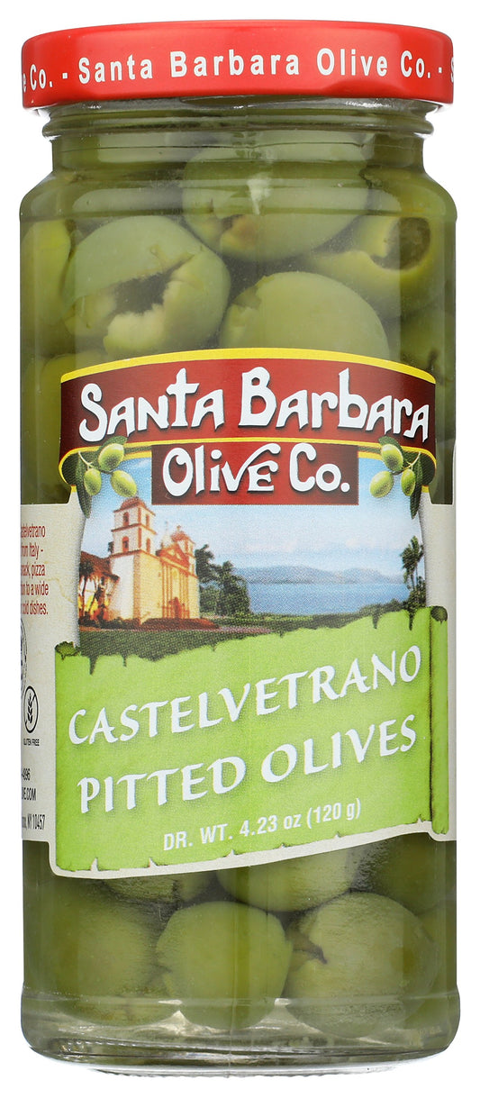 Santa Barbara Pitted Castelvetrano Olives on white background