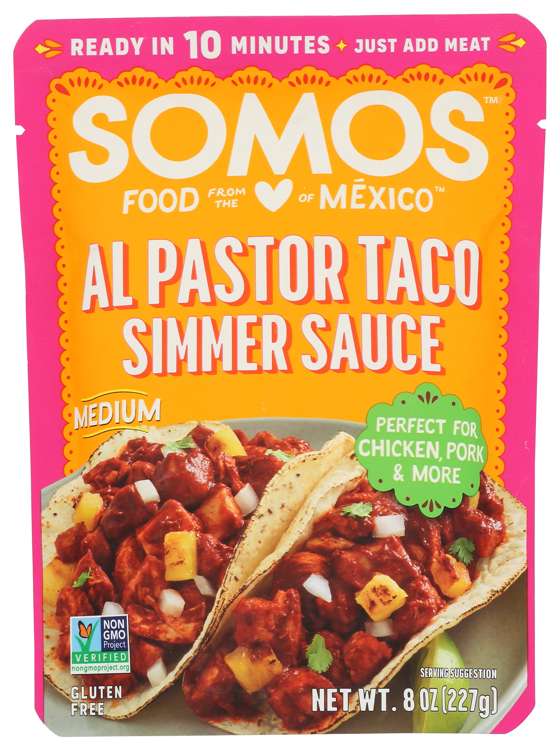 Somos Al Pastor Taco Simmer Sauce on white background