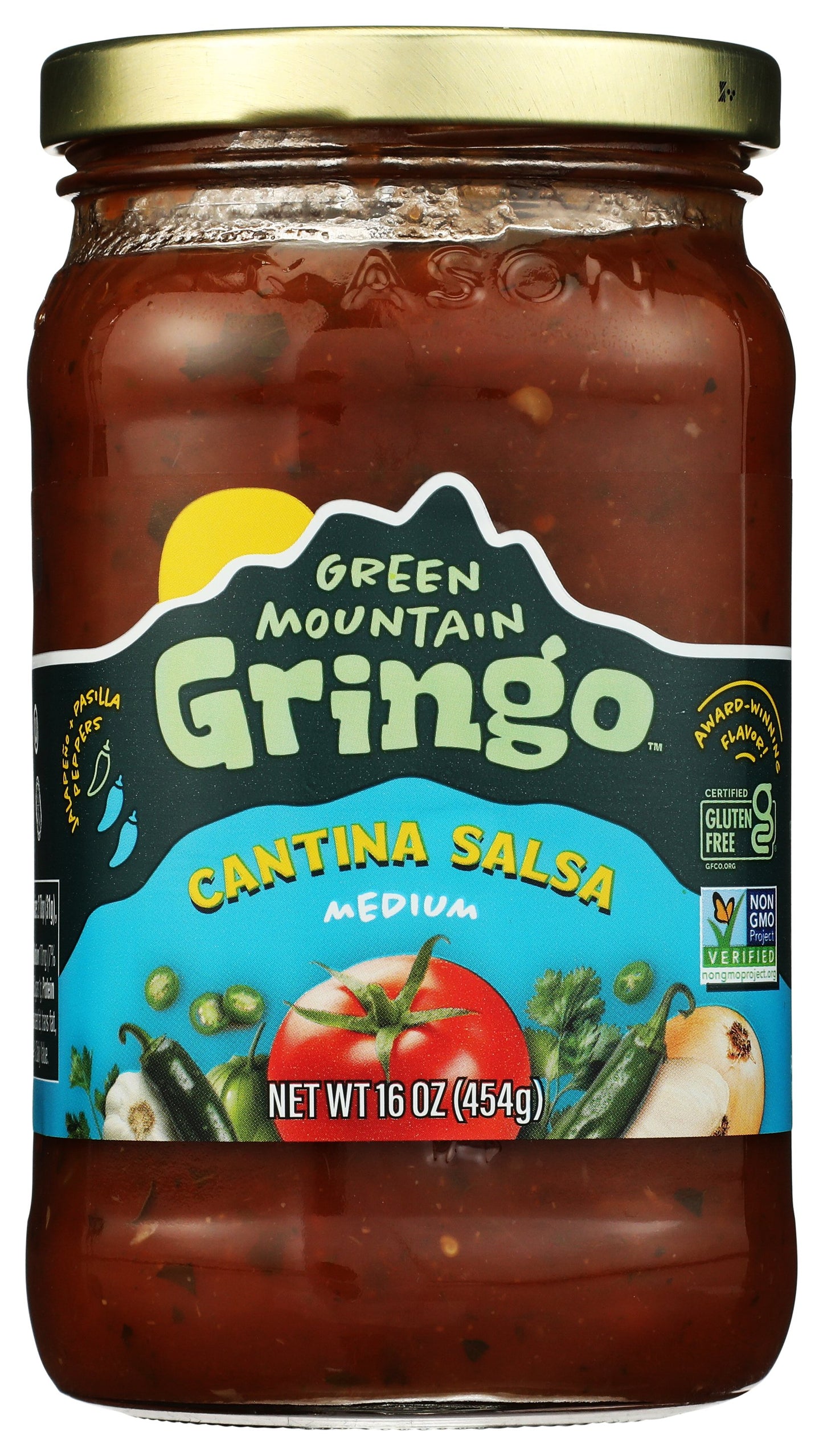 Green Mountain Gringo salsa jar on white background