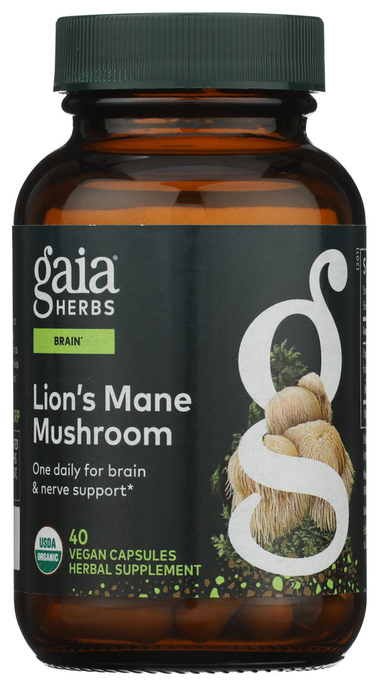 Gaia Herbs Lion's Mane Mushroom capsules on white background