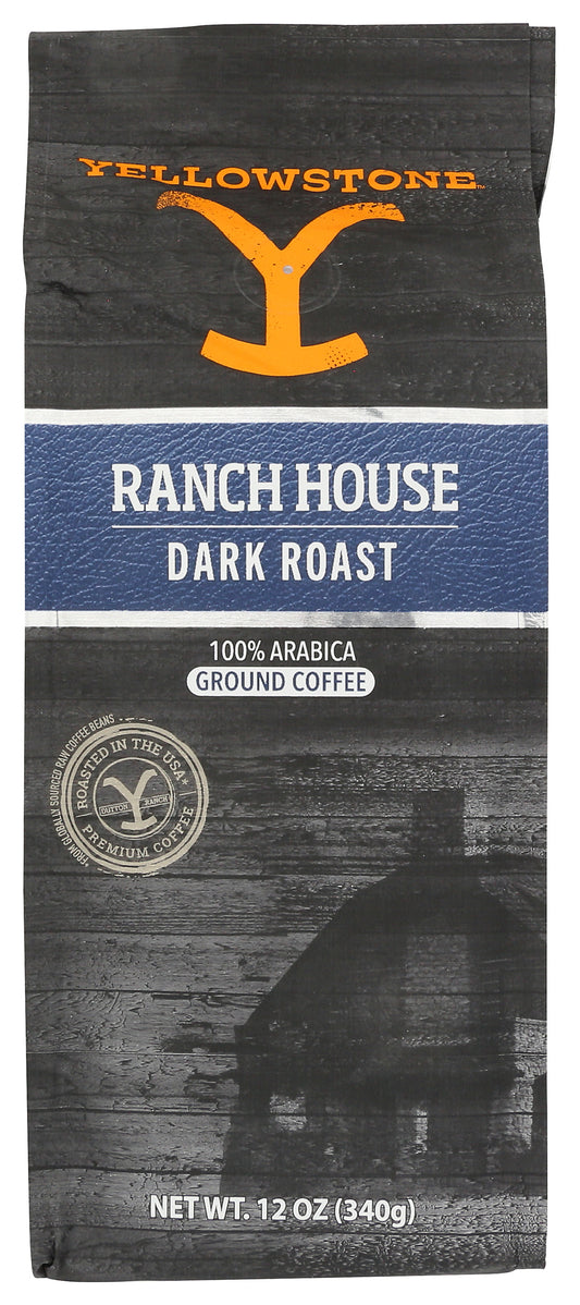 Yellowstone dark roast coffee packaging on white background