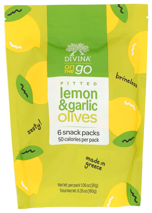 Divina Pitted Lemon & Garlic Olives on white background
