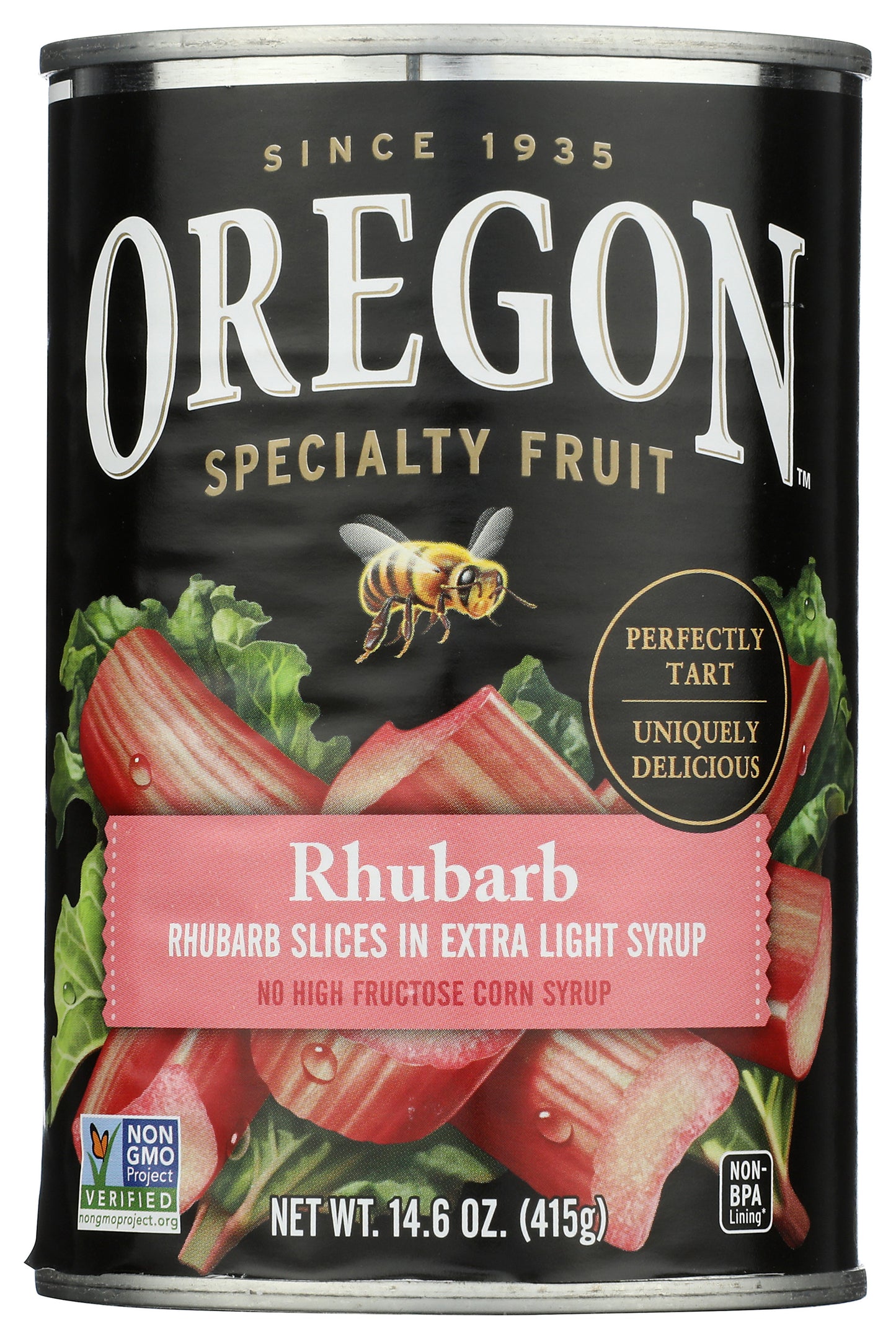 Oregon Specialty Fruit rhubarb in extra light syrup on white background