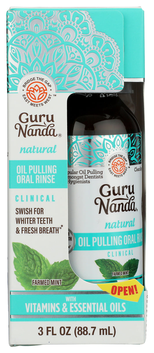 Gurunanda oil pulling oral rinse on white background