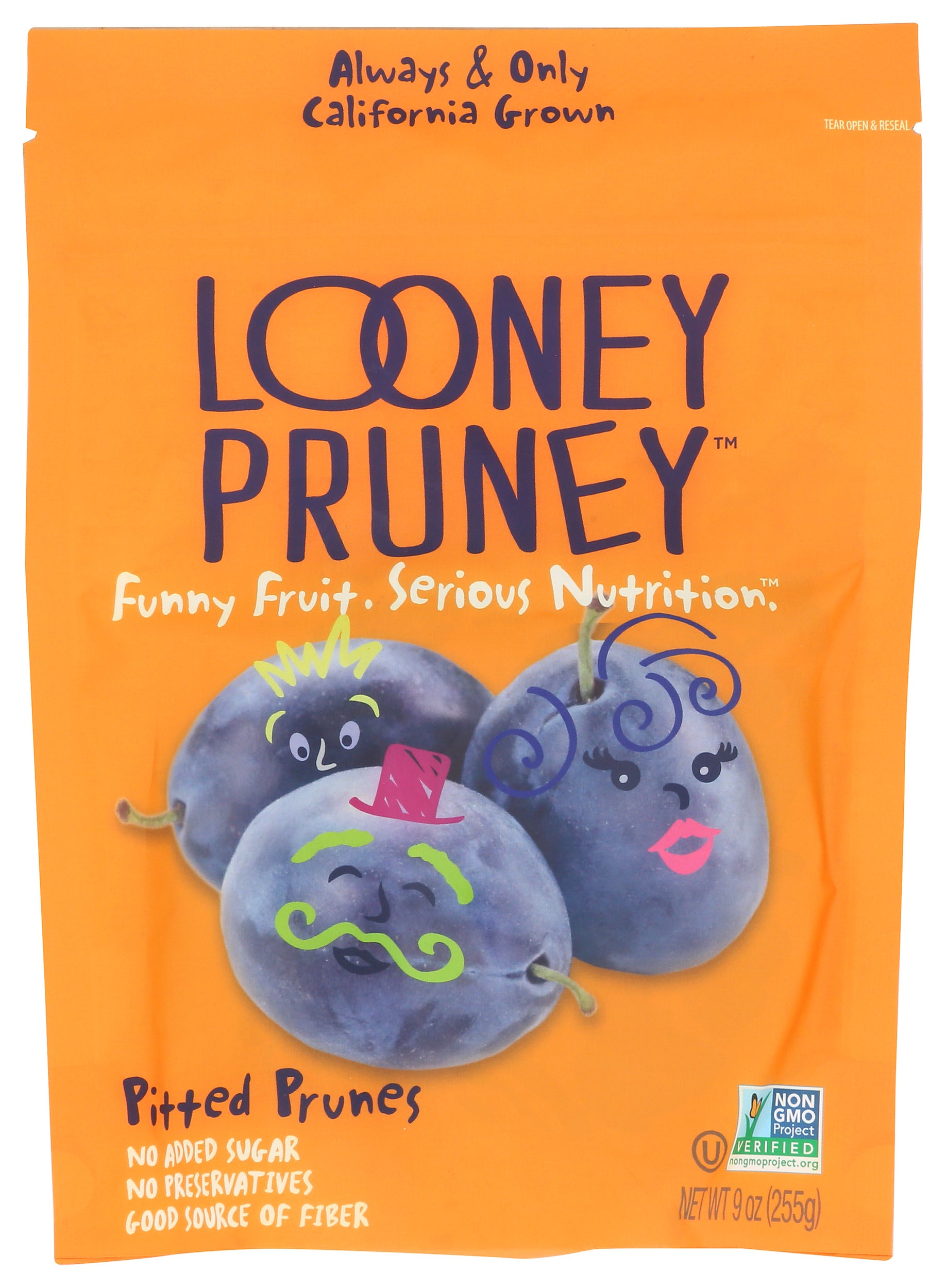 Looney Pruney dried pitted prunes on white background