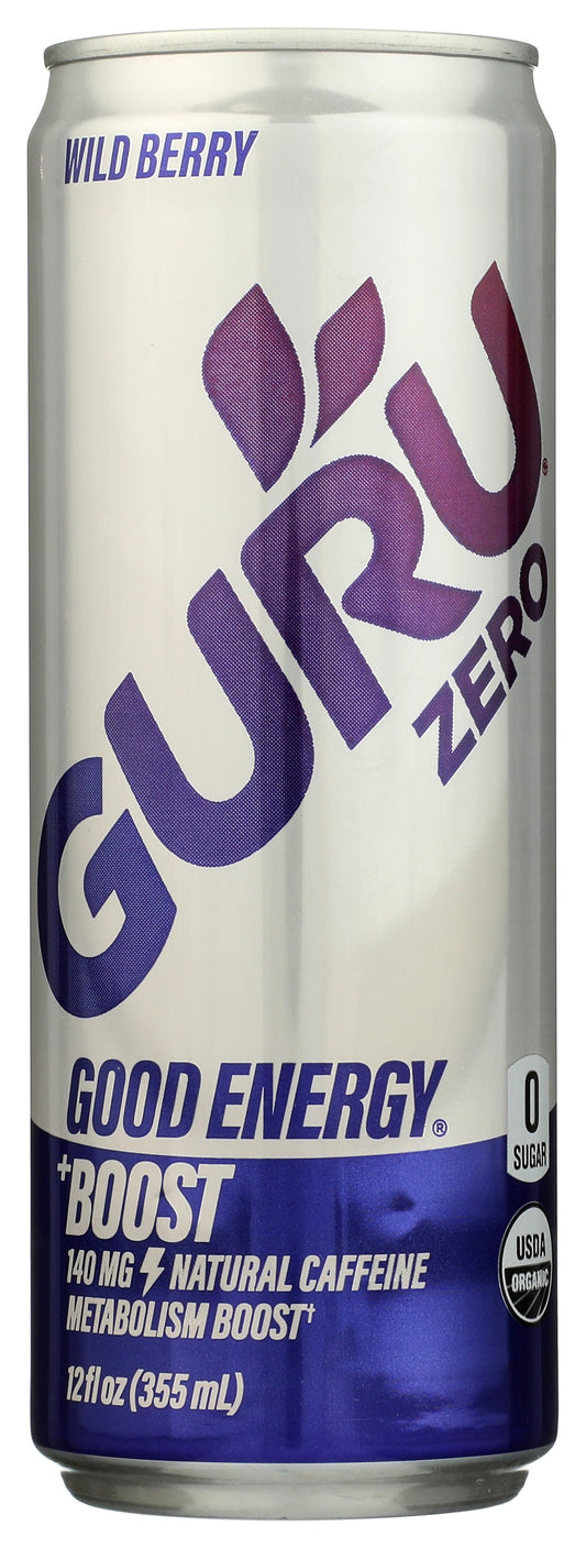 Guru Zero Sugar Wild Berry Energy Drink on white background