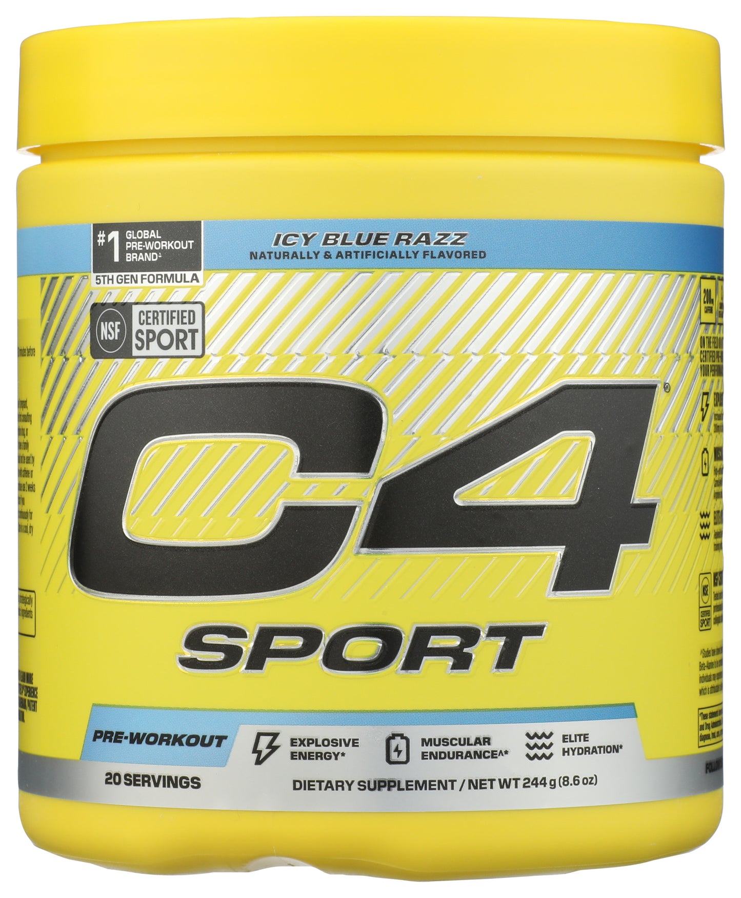 Cellucor C4 Sport Icy Blue Raz pre-workout powder on white background