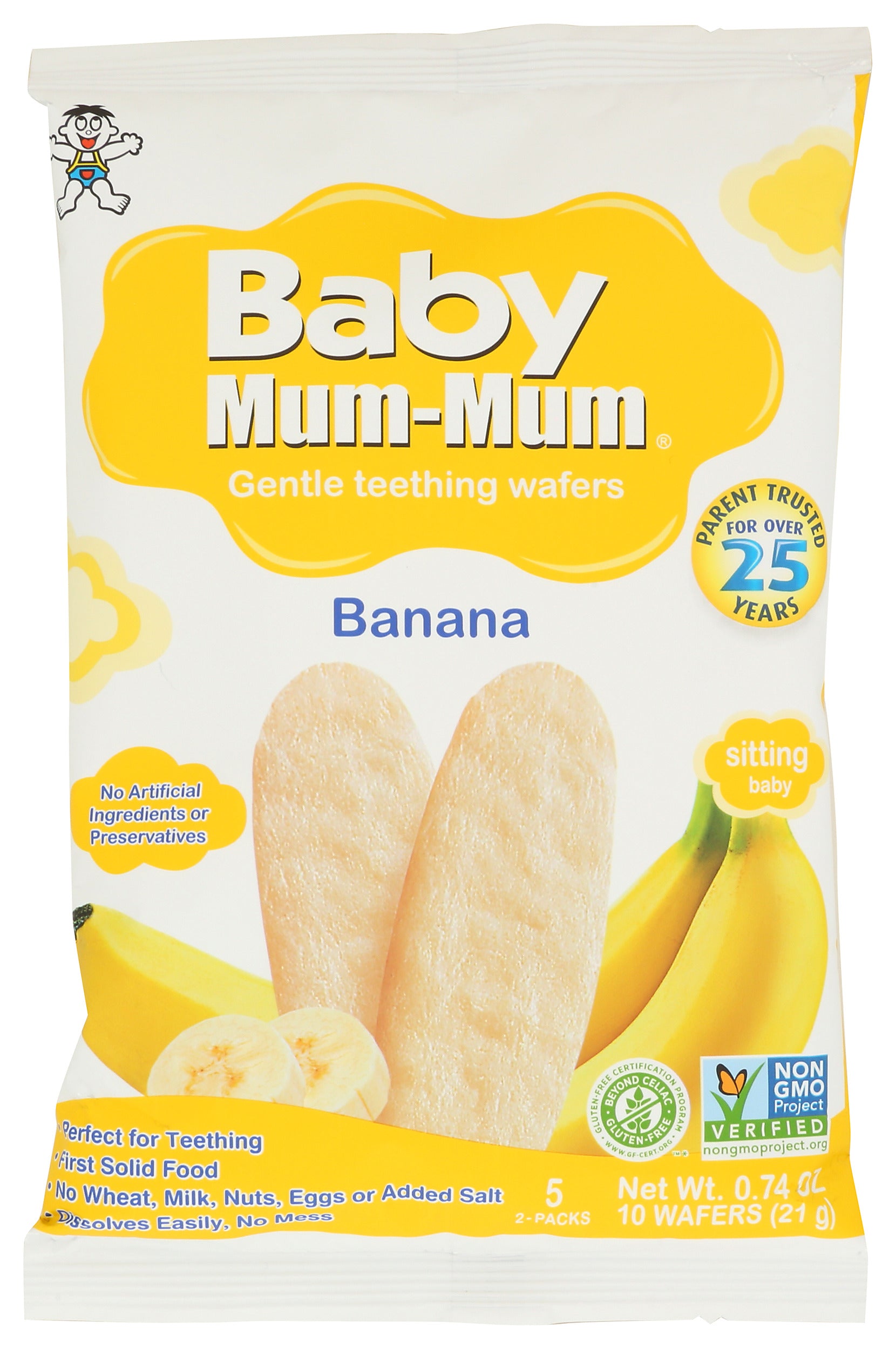 Mum-Mum Snax banana rice rusks on white background