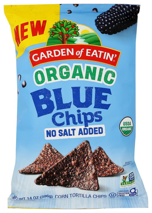Garden Of Eatin' blue corn tortilla chips on white background