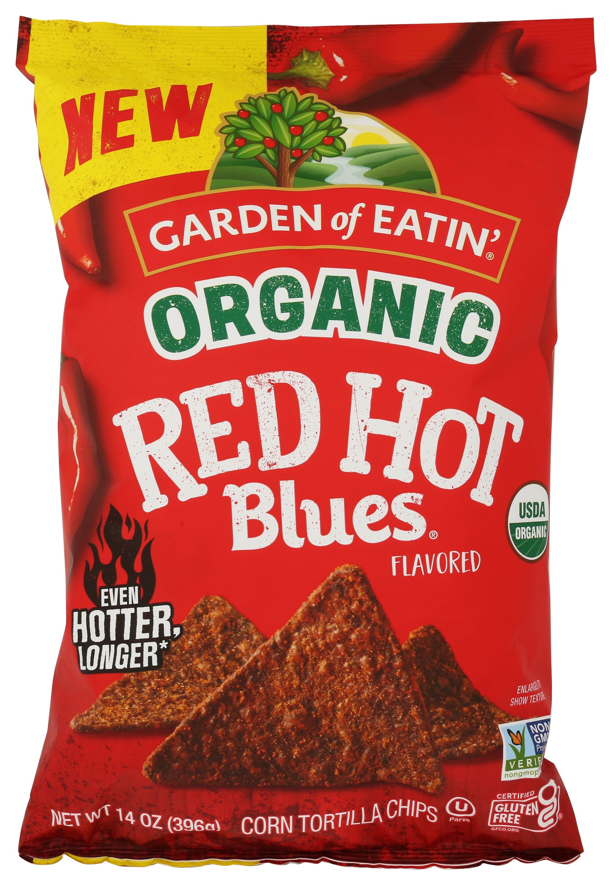 Garden Of Eatin' Organic Red Hot Blue Corn Tortilla Chips on white background
