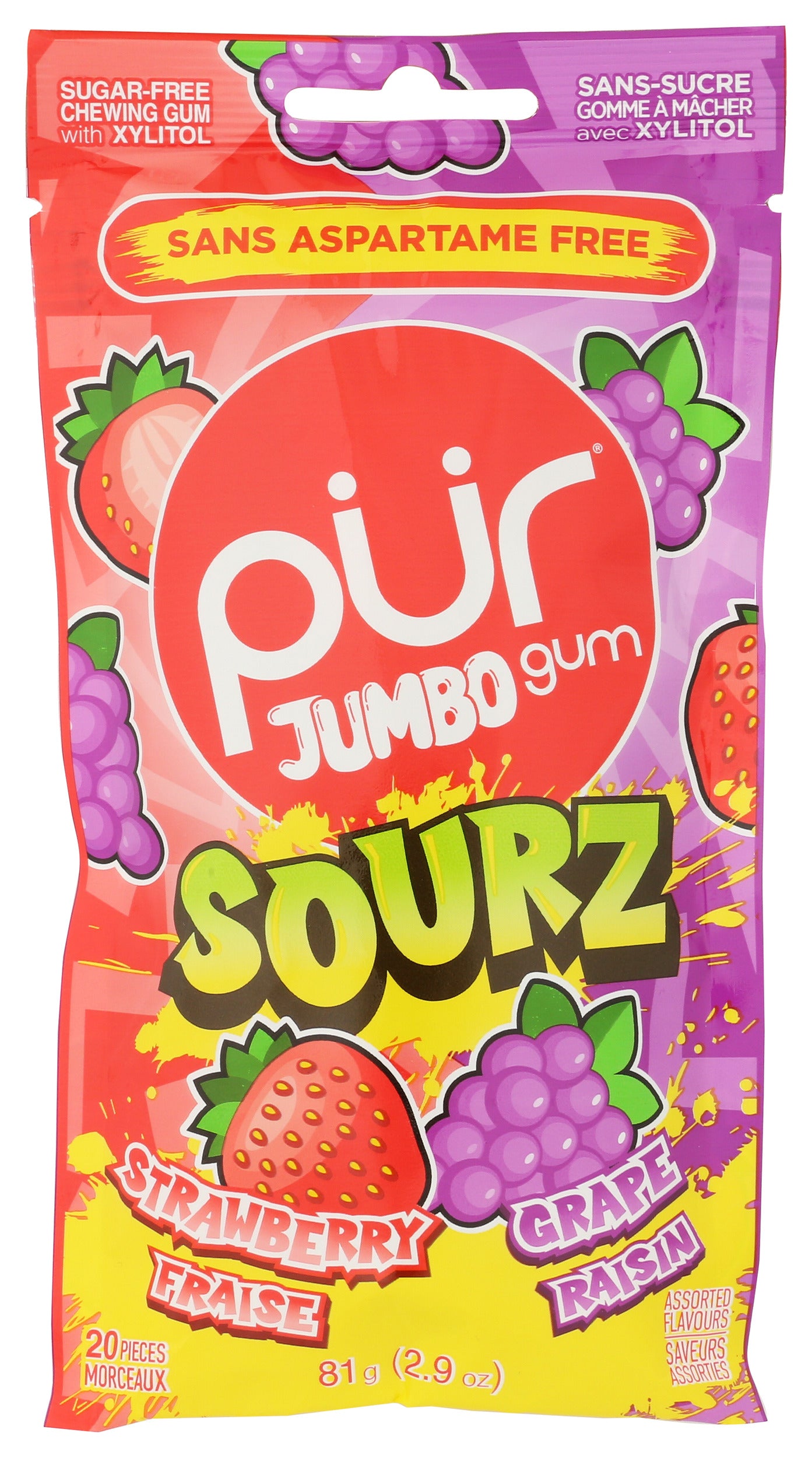 Pur Gum strawberry and grape gum on white background