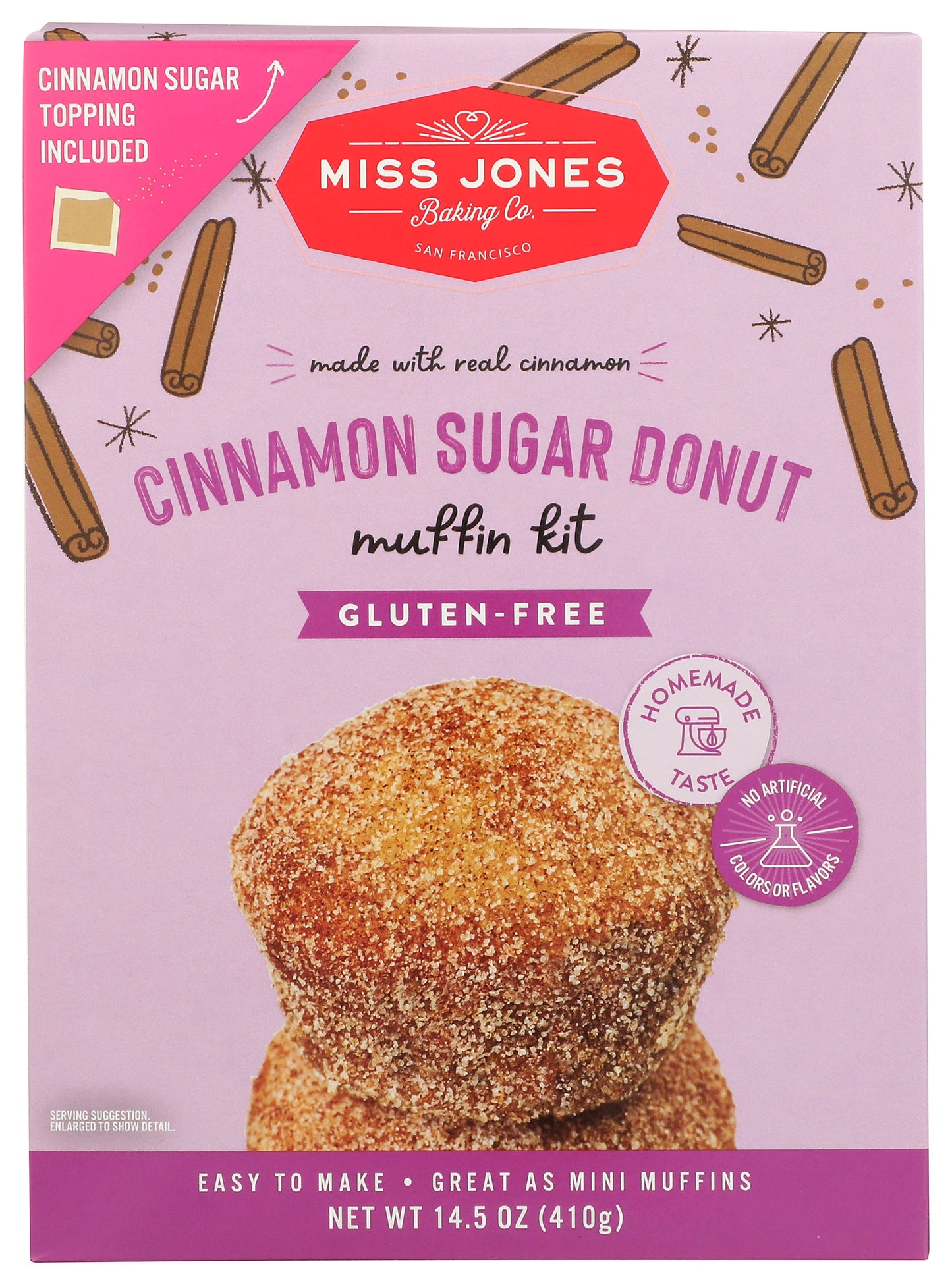 Miss Jones Baking Co. gluten-free cinnamon donut muffin kit on white background