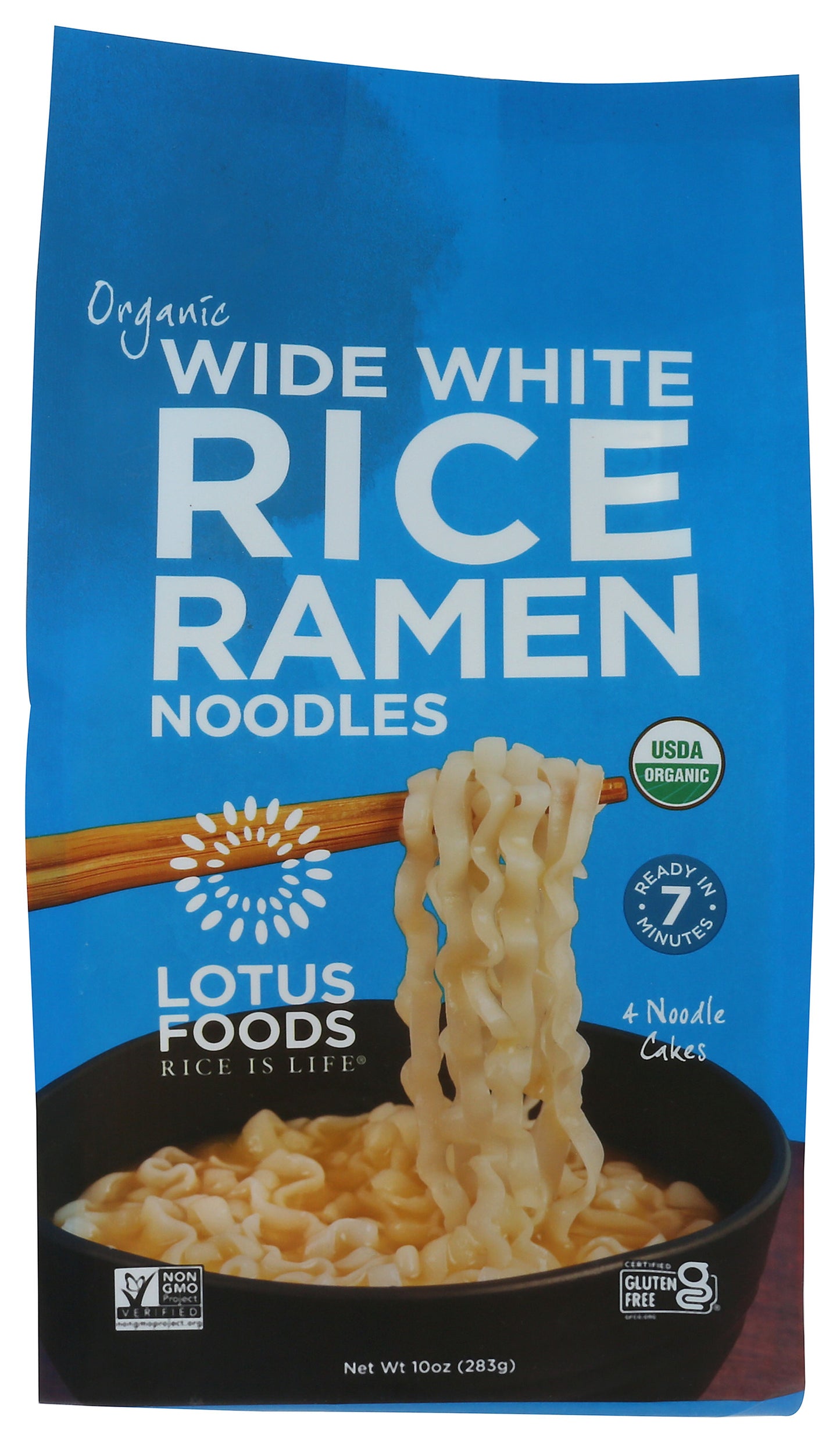 Lotus Foods white rice ramen noodles on white background