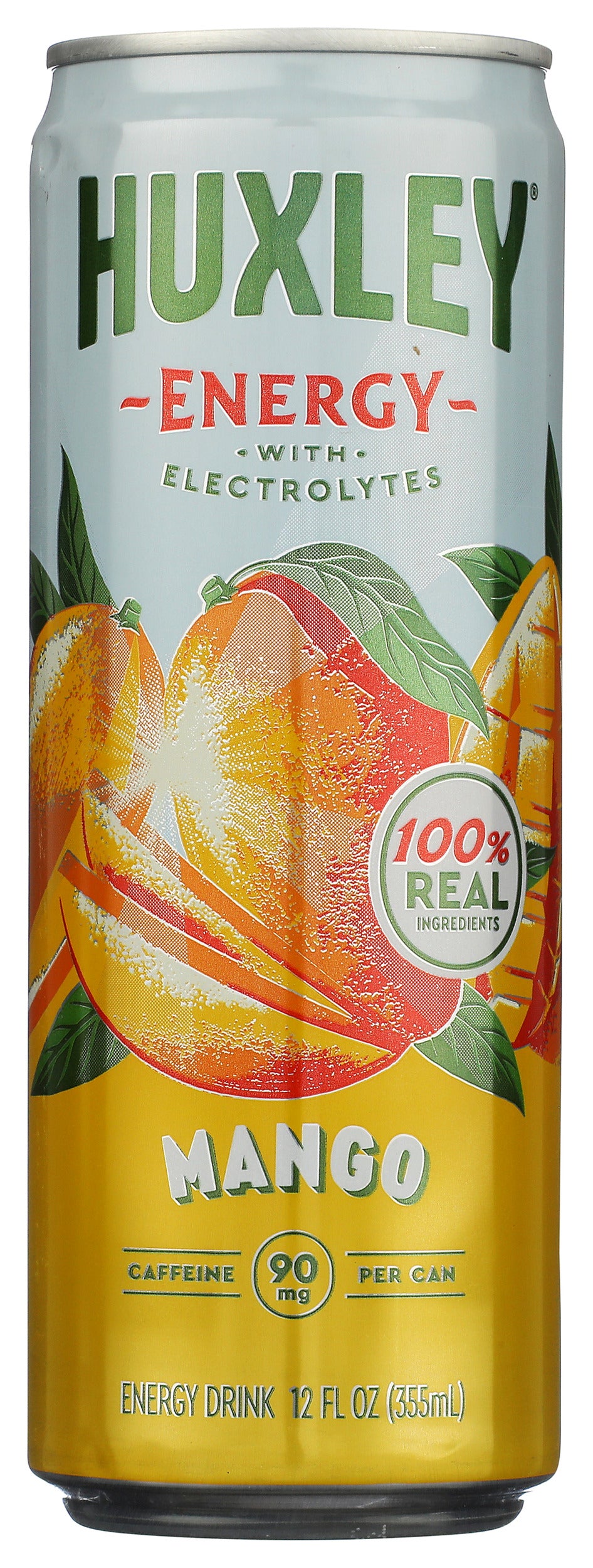 Huxley Mango Energy Drink on white background