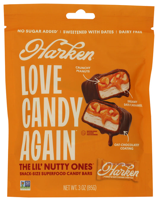 Harken peanut and date caramel candy bar on white background