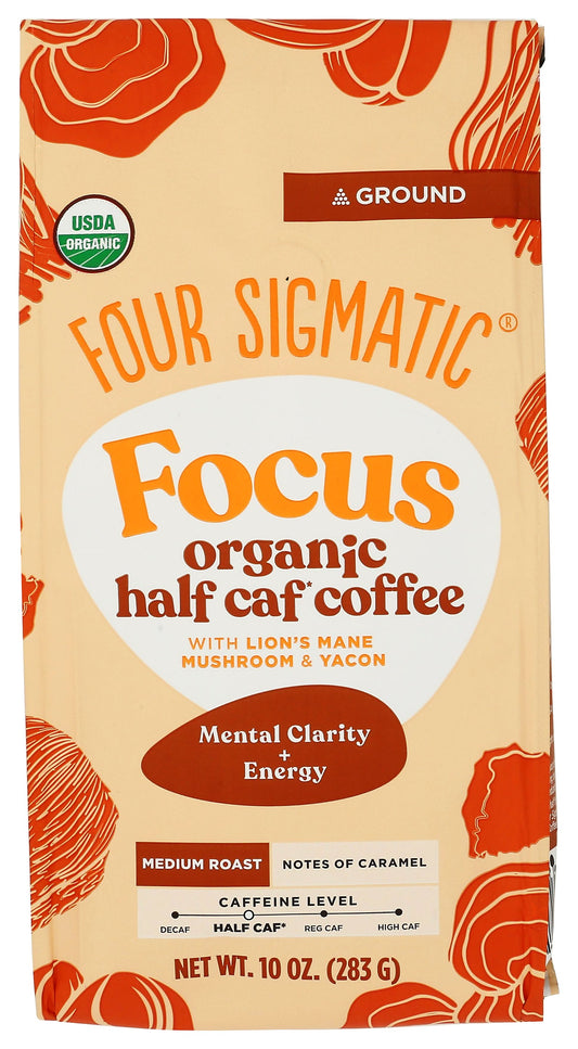Four Sigmatic ground coffee on white background