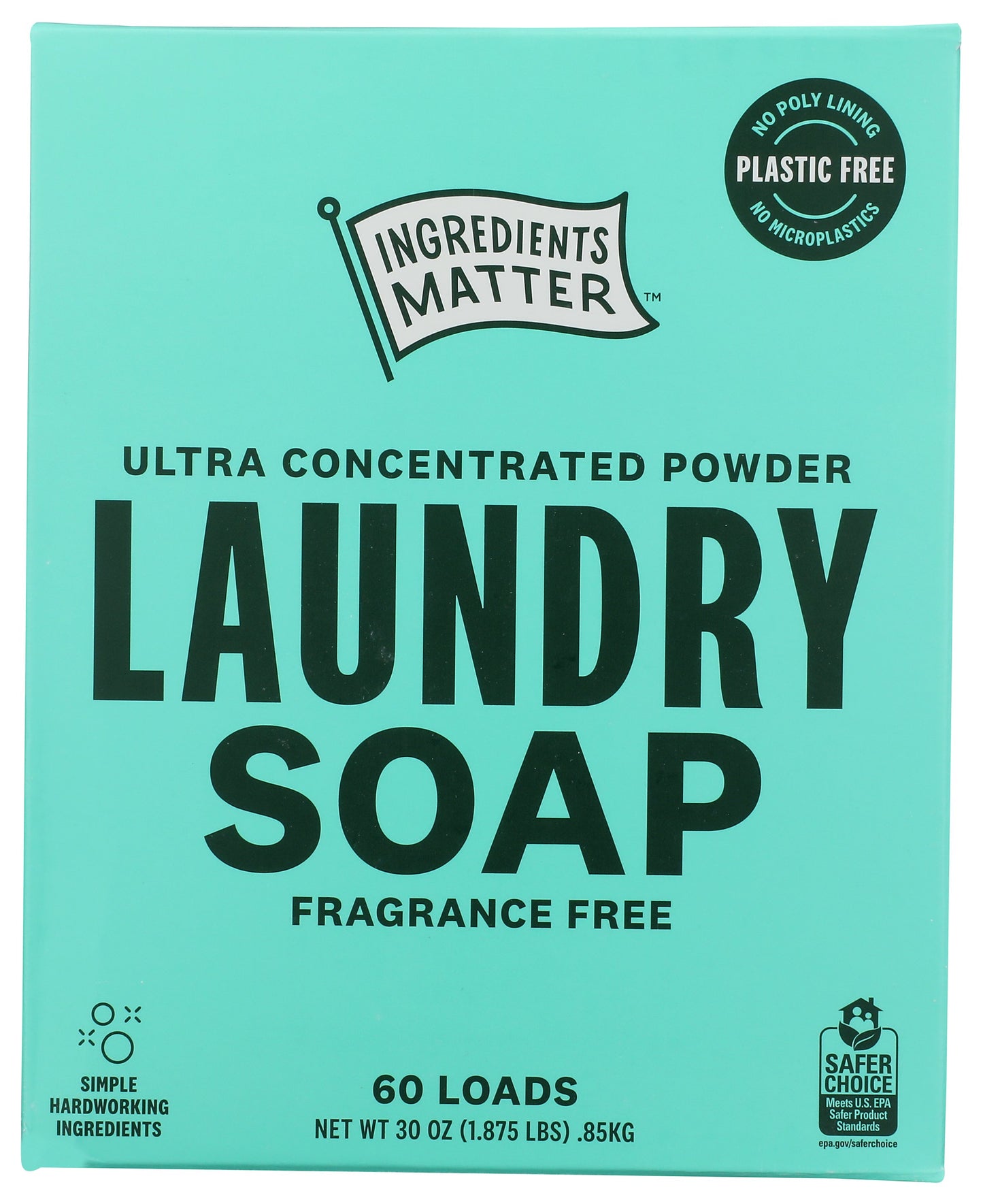 Ingredients Matter laundry soap powder on white background