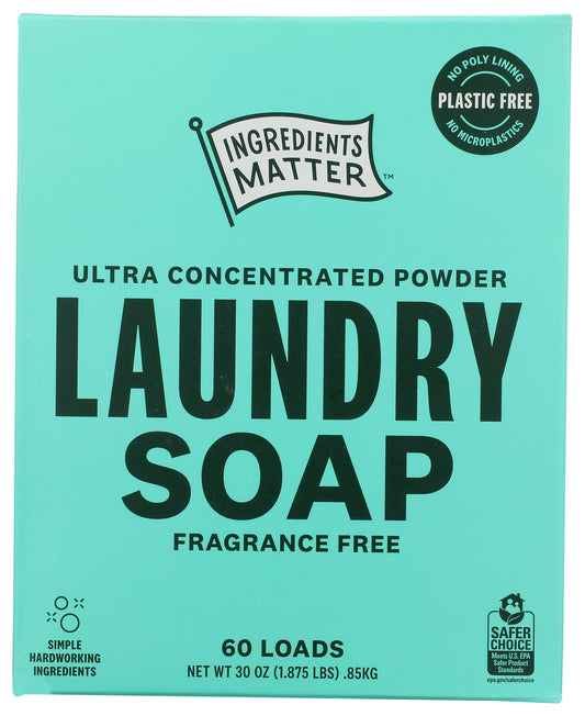 Ingredients Matter laundry soap powder on white background