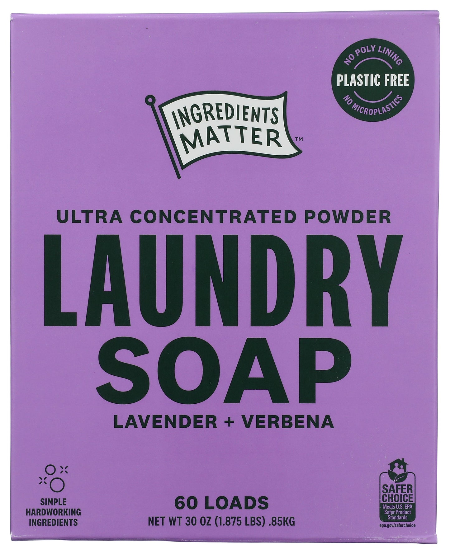 Ingredients Matter laundry soap powder on white background
