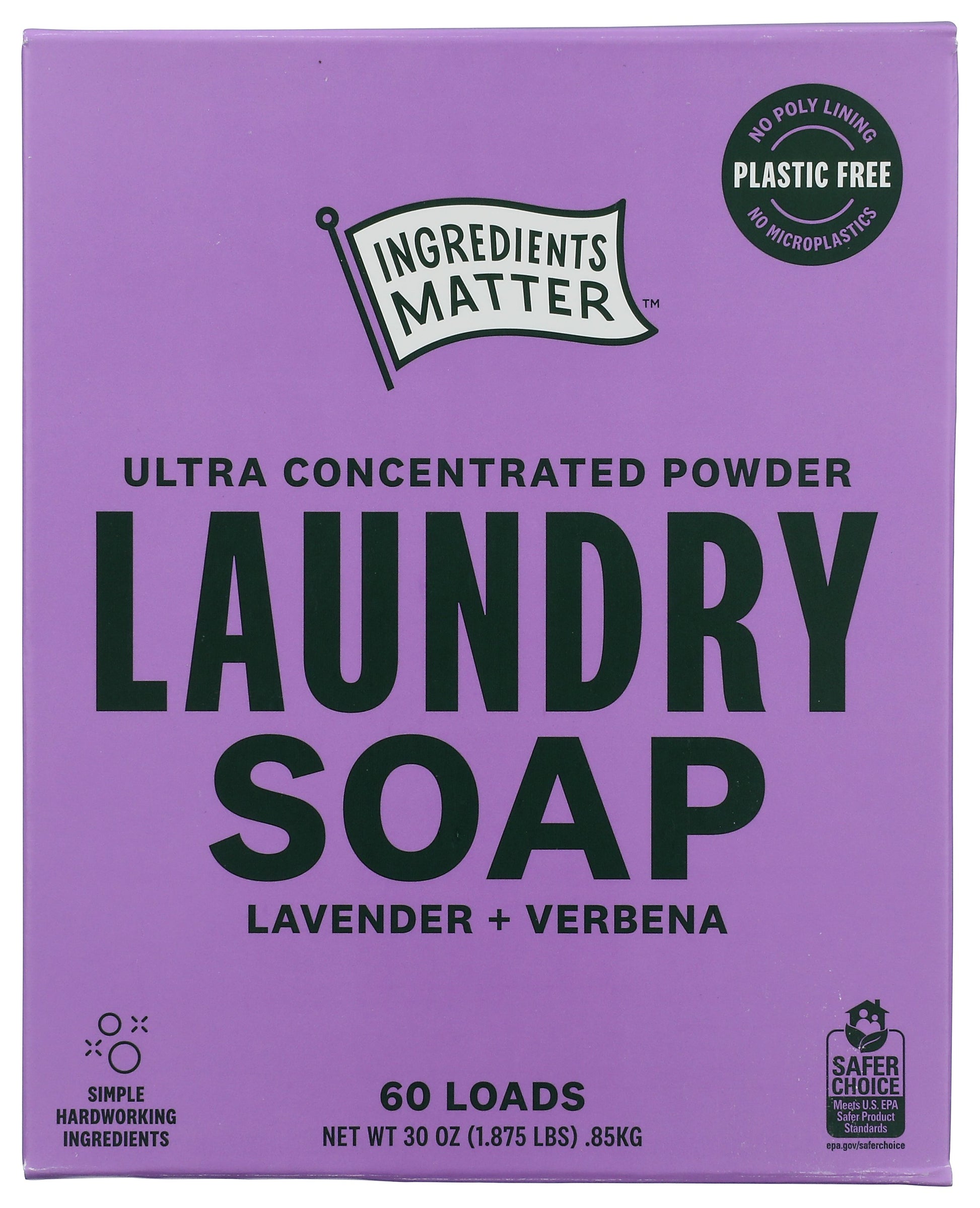 Ingredients Matter laundry soap powder on white background