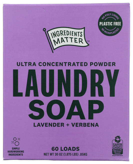 Ingredients Matter laundry soap powder on white background