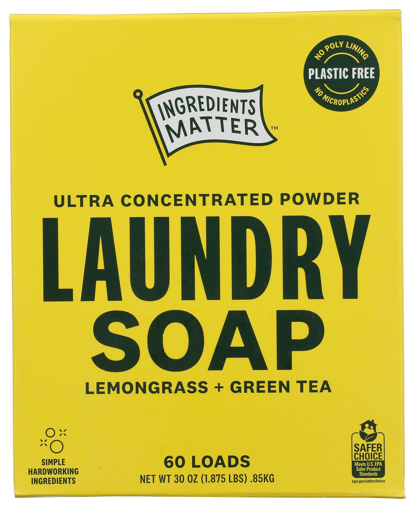 Ingredients Matter laundry soap powder on white background