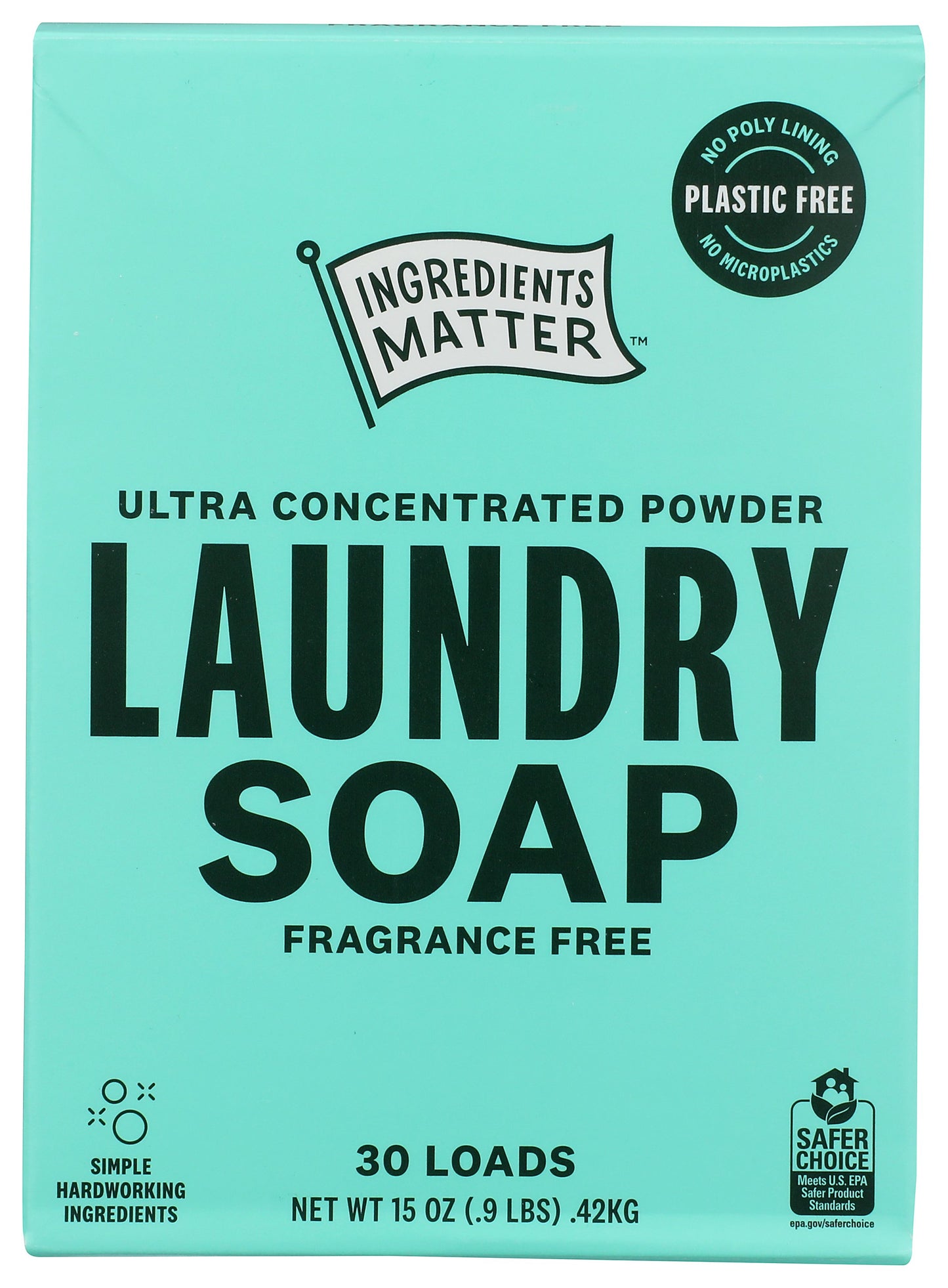 Ingredients Matter laundry soap powder on white background