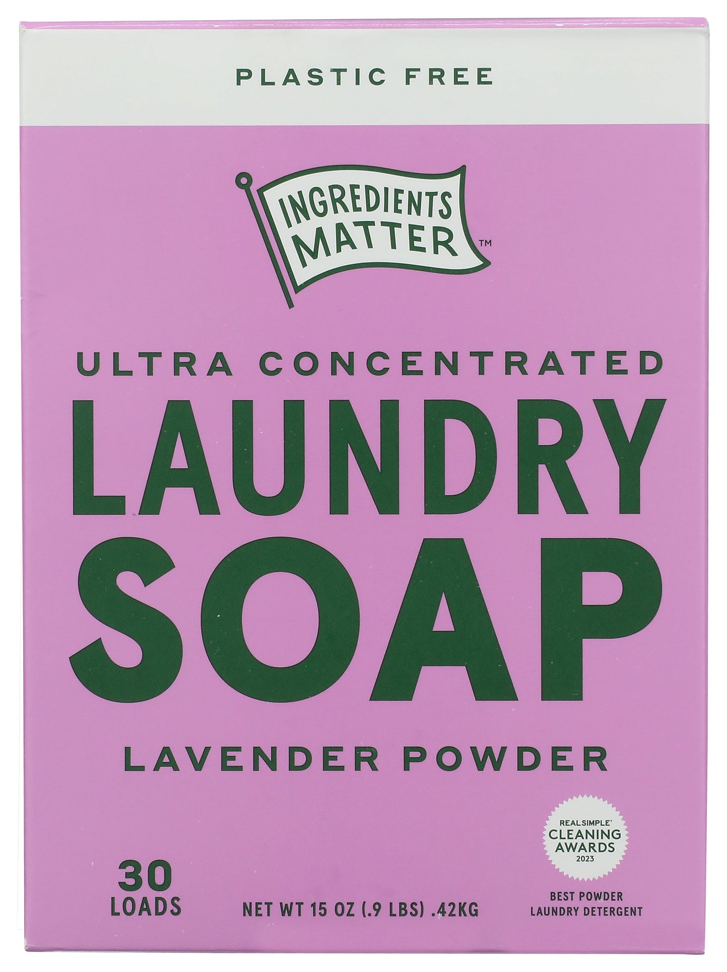 Ingredients Matter laundry soap powder on white background