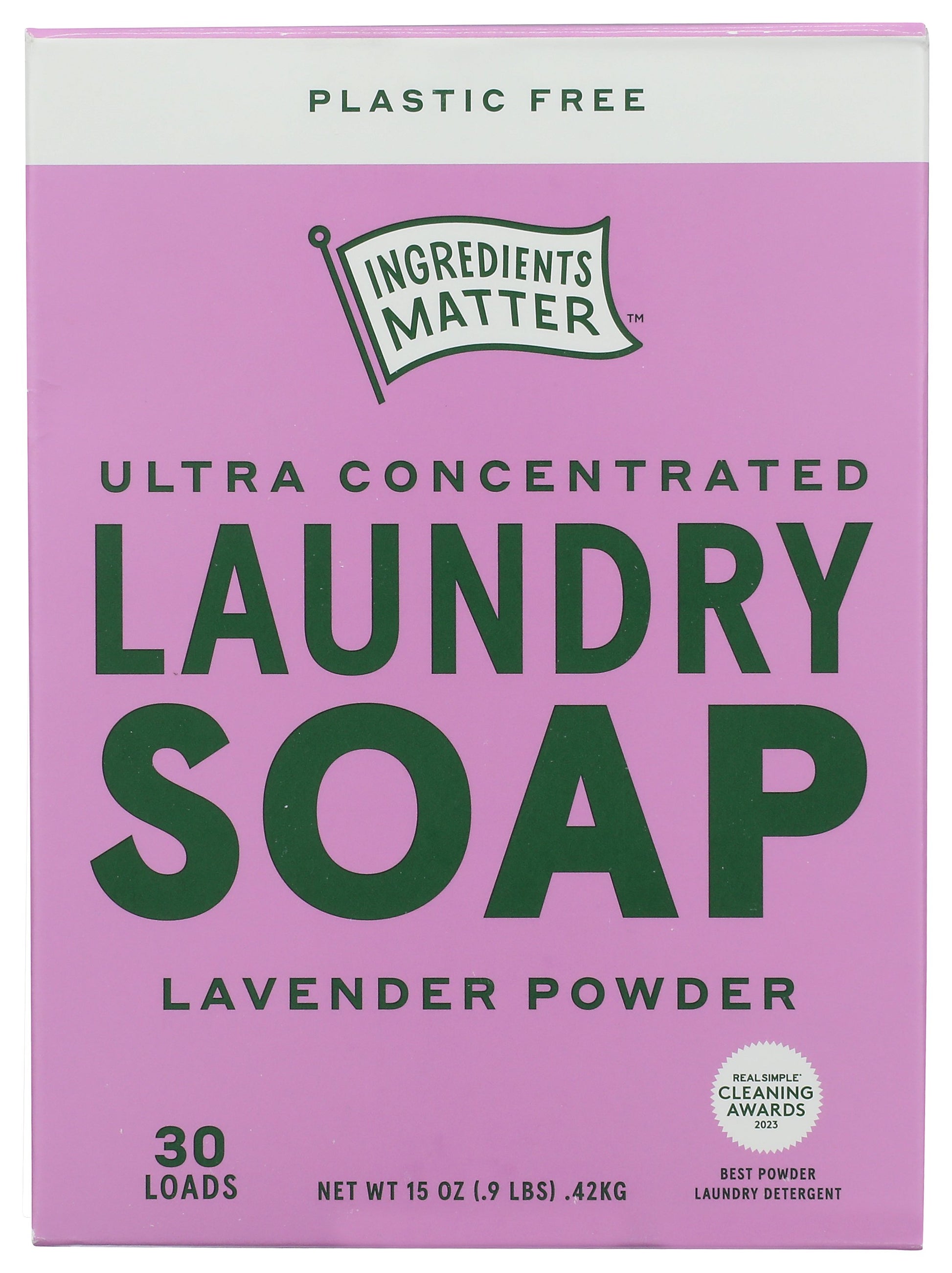 Ingredients Matter laundry soap powder on white background