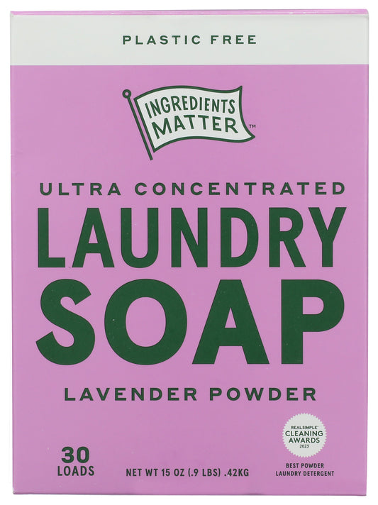 Ingredients Matter laundry soap powder on white background