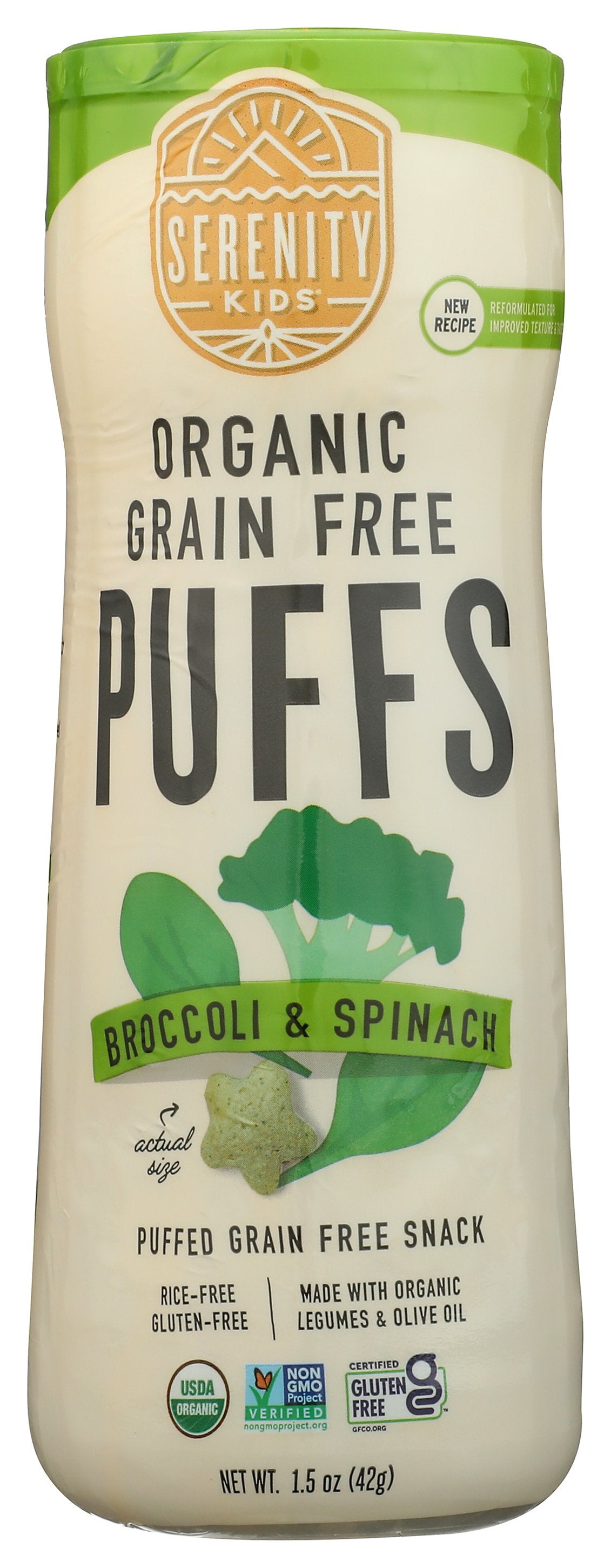 Serenity Kids Organic Broccoli & Spinach Puffs on white background