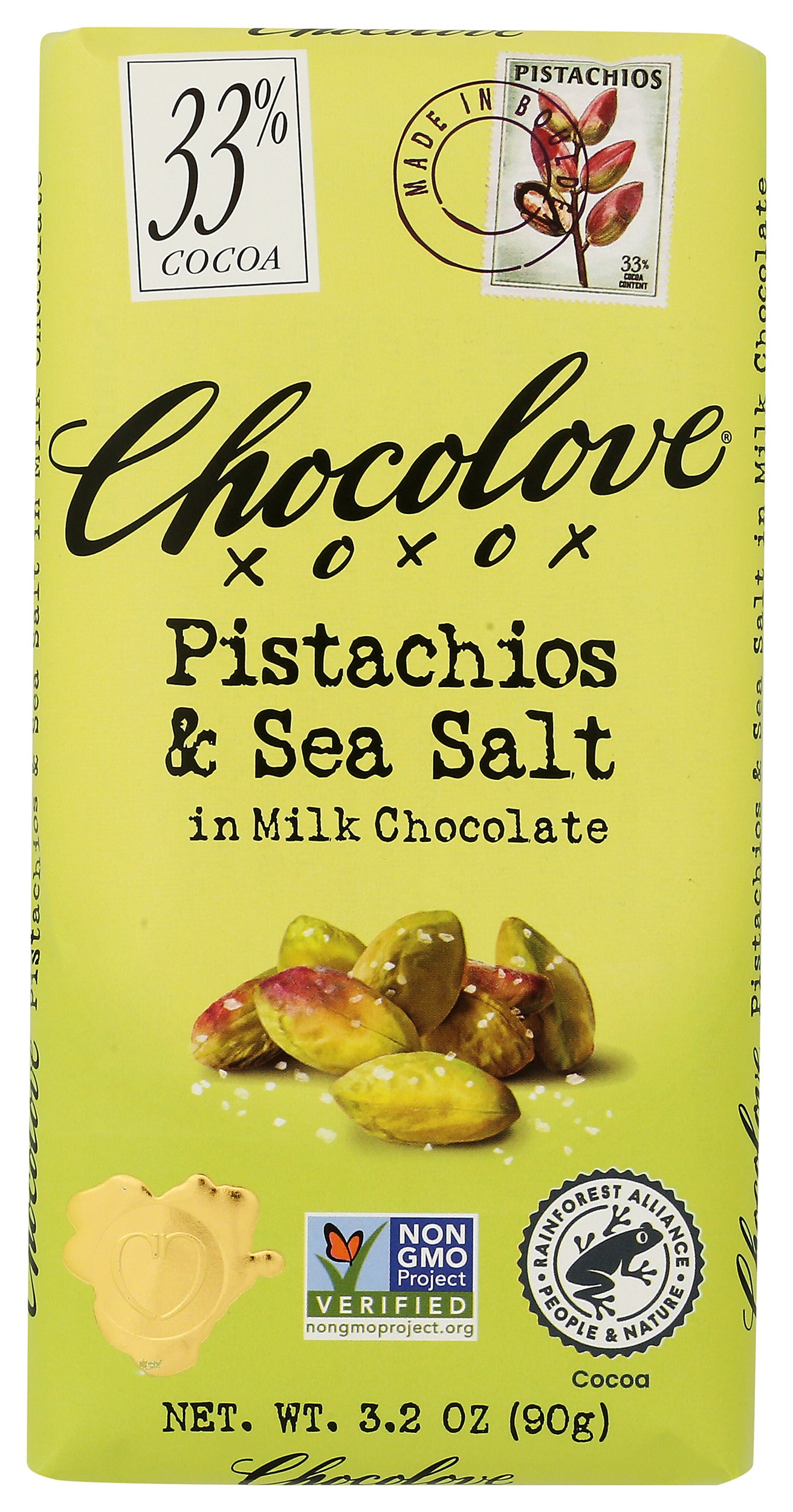 Chocolove chocolate bar with pistachios and sea salt on white background