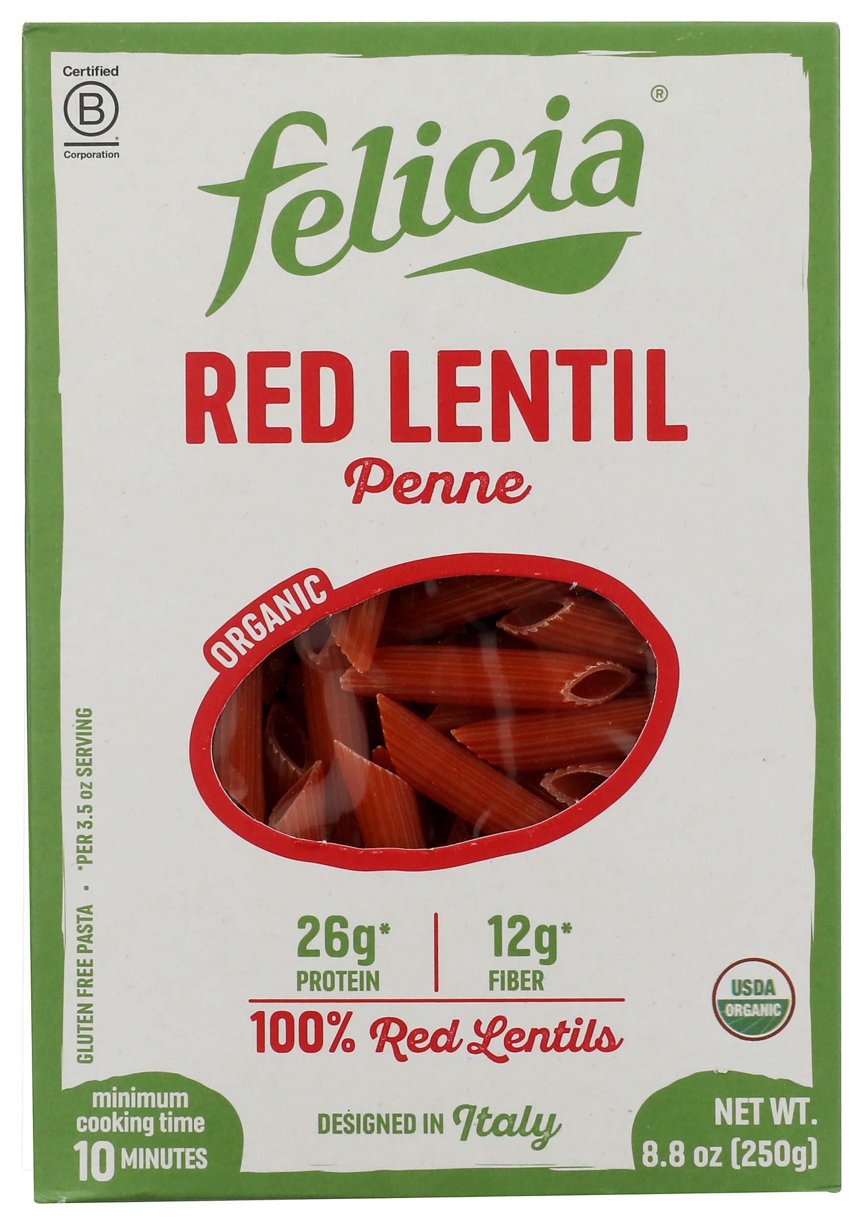 Felicia organic red lentil penne on white background