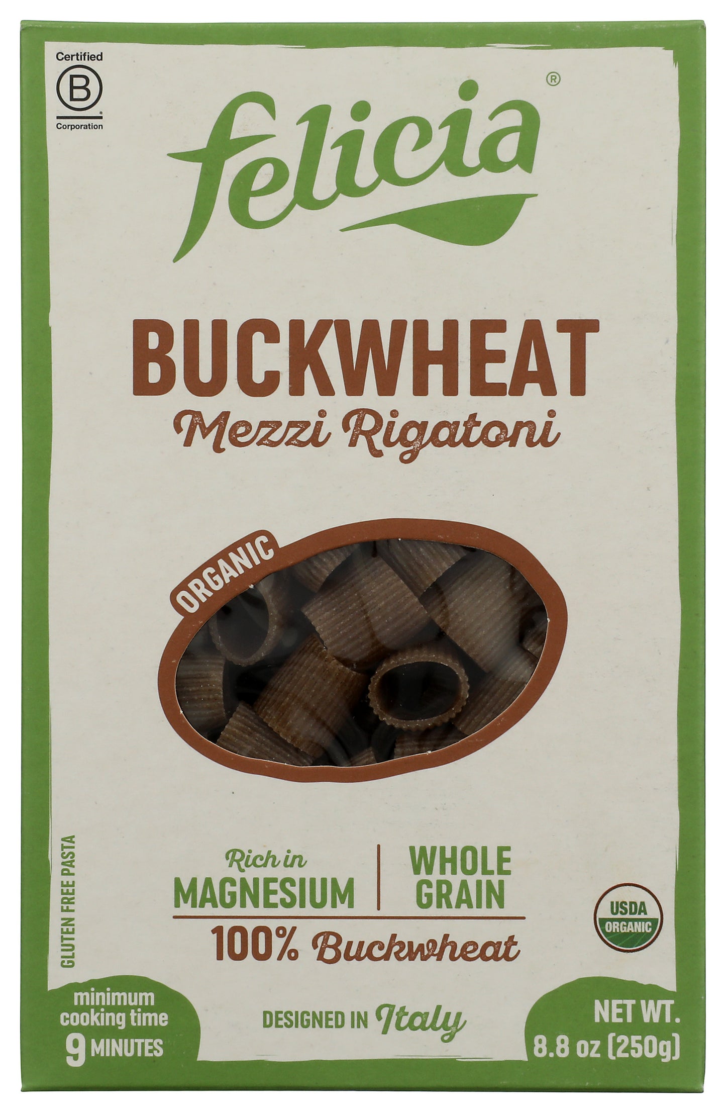 Felicia Buckwheat Mezzi Rigatoni on white background