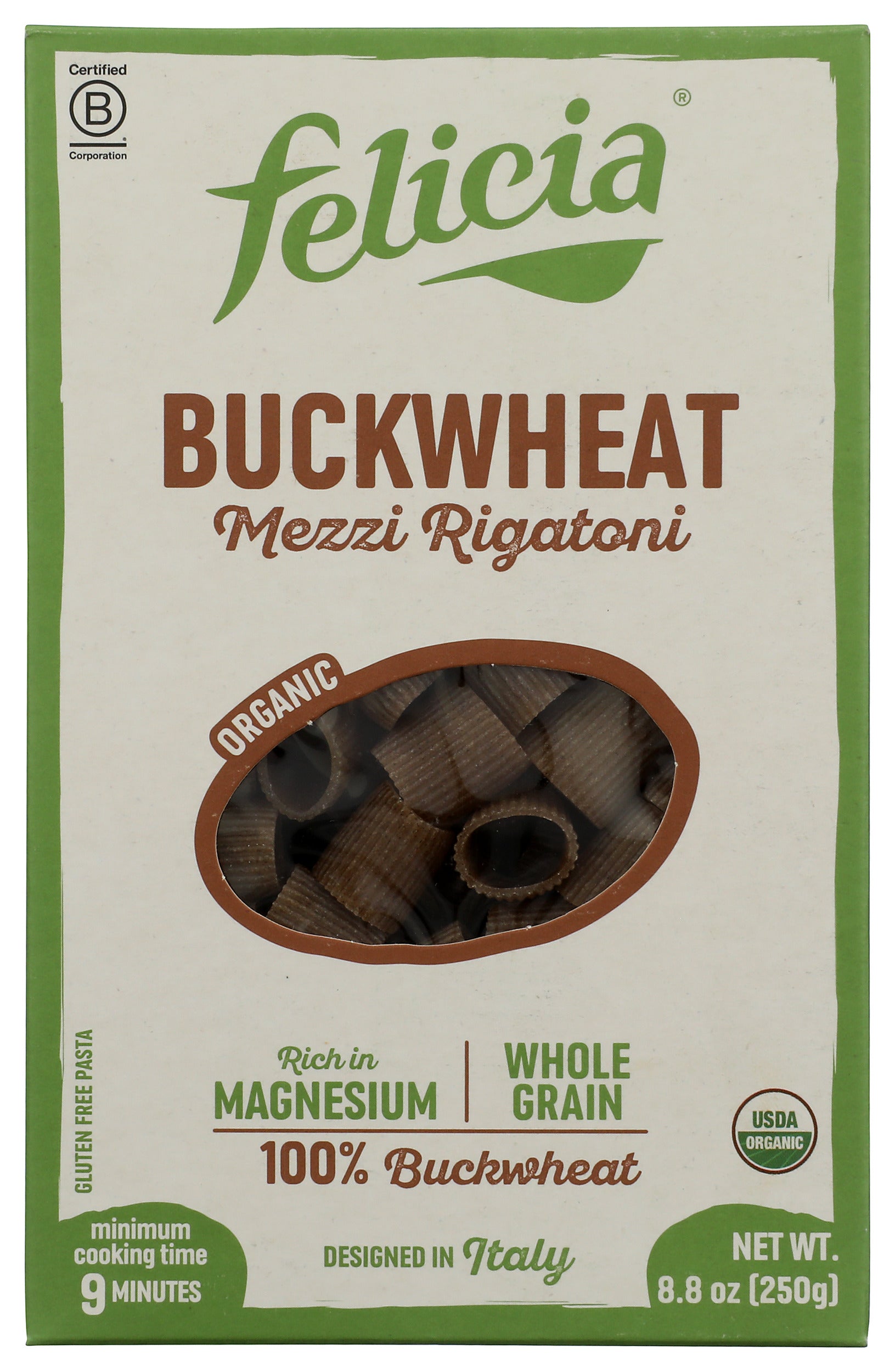 Felicia Buckwheat Mezzi Rigatoni on white background