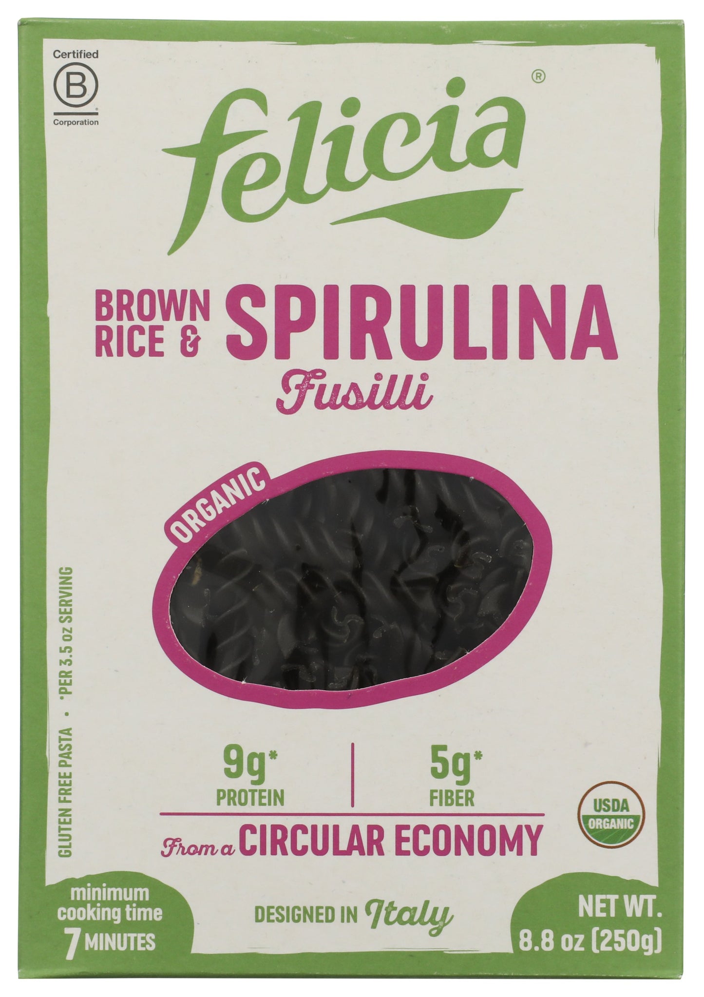 Felicia Organic Brown Rice & Spirulina Fusilli on white background