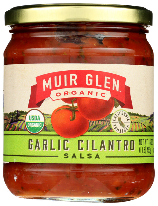 Muir Glen Organic Garlic Cilantro Salsa on white background