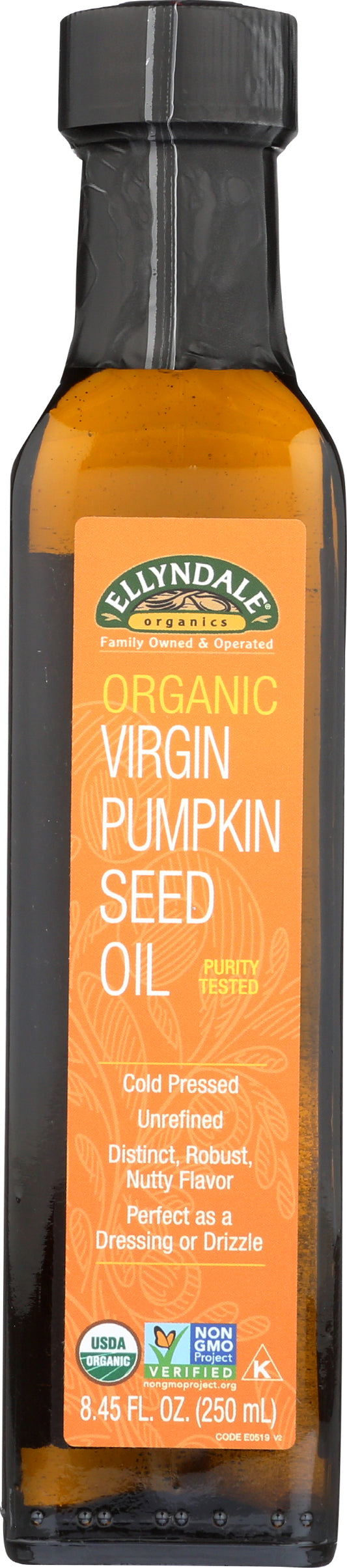 Ellyndale Organics pumpkin seed oil bottle on white background