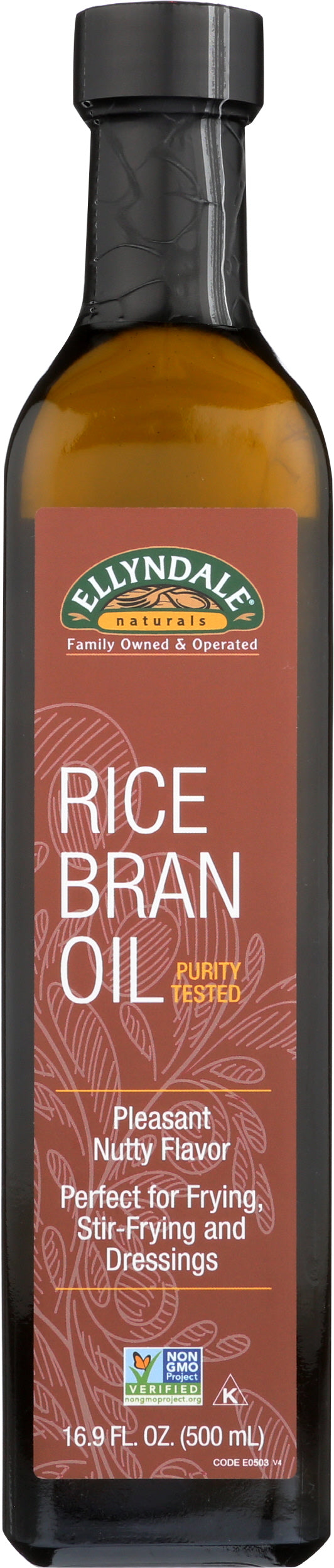 Ellyndale Organics rice bran oil bottle on white background