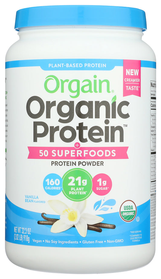 Orgain Protein + Superfoods Vanilla Powder on white background
